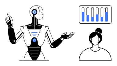 İnsansı robot analitik verileri bir kişi ve bar tablosuyla paylaşıyor. Yapay zeka iletişimi, otomasyon, makine öğrenimi, eğitim, yenilik, veri bilimi, basit iniş sayfası için ideal