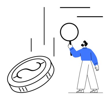 Büyüteç tutan adam, madeni parayı soyut çizgilerle analiz ederek büyüme ya da finansal ilerleme gösteriyor. İş, finans, yatırım, analiz, denetim, strateji ve yenilik için idealdir.