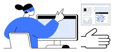 Etkileşimli sanal elementleri analiz ederken bir masaüstü kullanan kişi artırılmış arayüzleri yönetir. Teknoloji, yenilik, sanal gerçeklik, UXUI tasarımı, yazılım güncellemesi, dijital için ideal