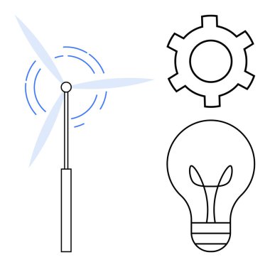 Yeşil enerjiyi temsil eden rüzgar türbini, verimliliği sembolize eden vites ve yenilik için ampul. Sürdürülebilirlik, yeşil enerji, teknoloji, çevre dostu projeler, mühendislik, temizlik için ideal