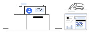 Bir belge klasöründeki CV 'ler, büyüteç inceleme profilleri ve ekrandaki dijital analizler. İşe alım, insan kaynakları, çalışan araması, özgeçmiş incelemesi, işe alım, iş piyasası sade iniş sayfası için ideal