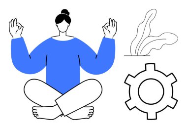 Oturmuş meditasyon yapan kadın figürü, elleri zen hareketlerinde, en az bitki çizgisi ve vites sembolü olan eller. Farkındalık, sağlık, kendine dikkat, denge, üretkenlik, meditasyon için idealdir.