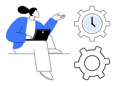 Dizüstü bilgisayarla oturan kadın figürü, işbirliği yapıyormuş gibi el kol hareketleri, süreci ve yeniliği gösteren vitesler, zaman yönetimi için saat. Takım çalışması, teknoloji, verimlilik ve planlama için ideal