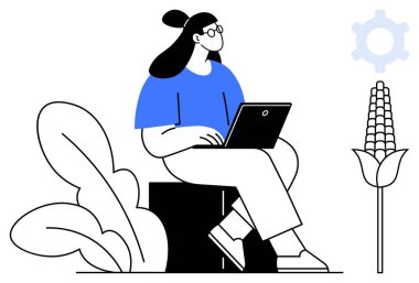 Dizüstü bilgisayarlı bir kadın bitkilerin ve mısırların yanında oturmuş, tarım teknolojisini sembolize ediyor. Yenilik için ideal, sürdürülebilirlik, tarım, teknolojik çözümler, çevre, büyüme verimliliği. Düz basit