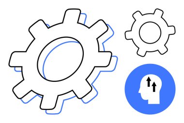 Birbirine bağlı büyük ve küçük dişliler yukarı doğru oklu bir baş simgesinin yanında. Problem çözme, yenilik, süreç geliştirme, takım çalışması, üretkenlik, mühendislik, beyin fırtınası için idealdir. Düz