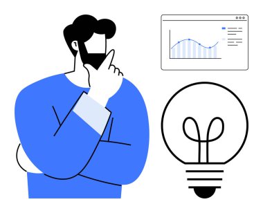 Analitik çizelge ve ampulle fikirleri düşünen insan yaratıcılığı, stratejiyi ve çözümü sembolize eder. Beyin fırtınası, yenilik, araştırma, strateji, iş büyümesi karar verme mekanizması için ideal