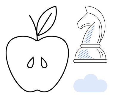 Yapraklı minimalist elma hatları, stilize satranç şövalyesi ve tüylü bulut elementi. Yaratıcılık, strateji, denge, fikirler, eğitim doğa yeniliği için idealdir. Düz basit metafor