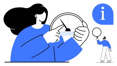 Metre ölçere bakan bir kadın, konuşma baloncuğu tutan daha küçük bir figür, yanında bilgi balonu. İlerleme izleme, analiz, veri değerlendirmesi, destek sistemi, karar verme mekanizması ve talimatlar için ideal