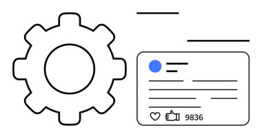 Nişan simgeleriyle dolu sosyal medya posta planının yanında vites sembolü var. Teknoloji, sosyal medya, dijital pazarlama, kullanıcı arayüzü, analitik, üretkenlik, basit
