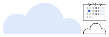 Vurgulanmış tarihi, bulut depolamasını, olay takvimini, veri yedeklemesini, iş akışı planlamasını, verimliliği, organizasyonu ve teknolojiyi simgeleyen bir takvimin yanında büyük bir mavi bulut. Teknoloji için ideal