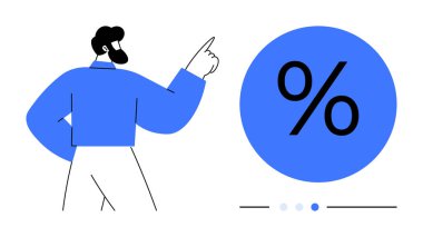 Yüzdelik simgeye doğru hareket eden adam, finansal büyüme veya istatistik kavramını vurguluyor. Finans, analitik, pazarlama, reklam, karar verme, sunum, basit iniş sayfası için ideal