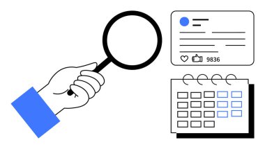 El ve büyüteç, sosyal profili, nişan ölçümleri ve işaretlenmiş tarihli takvimi inceliyor. Sosyal medya, pazarlama, analiz, planlama, strateji, programlama için ideal