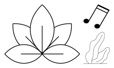 Bir nilüfer çiçeğinin siyah ve beyaz çizimi, bir nota ve soyut bitki şekilleri. Sağlık, müzik, doğa, meditasyon, farkındalık, rahatlama için ideal basit iniş sayfası