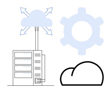 Veri aktarım okları ile buluta bağlı sunucu, işlem otomasyonunu ve bulutu sembolize eden büyük dişli. Bulut hesaplama, veri yönetimi, bilişim altyapısı, ağ oluşturma ve dijital için ideal
