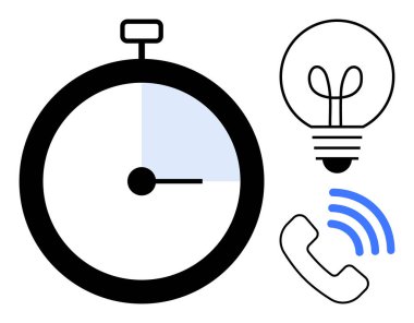 Kronometre izleme süresi, yeniliği simgeleyen ampul ve iletişimi simgeleyen sinyalli telefon. Üretkenlik, yenilik, teknoloji, takım çalışması, verimlilik, yaratıcılık için ideal