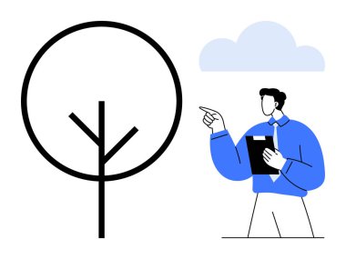 Elinde dosya tutan adam minimalist bir ağacı işaret ediyor. Doğa izleme, ekoloji, koruma, analiz, araştırma, karar verme, sürdürülebilirlik için idealdir. Düz basit metafor