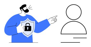 Kişisel profili ve mahremiyeti tehdit eden kilit uyarısıyla kalkan tutan bir adam. Siber güvenlik, çevrimiçi güvenlik, kimlik koruması, veri gizliliği, güvenli iletişim, gizlilik farkındalığı için ideal