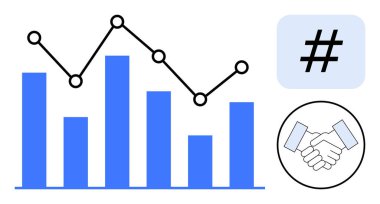 Siyah çizgili mavi çizelge, mavi kareli üstveri etiketi ve el sıkışma simgesi. Veri analizi, iş stratejisi, sosyal medya, işbirliği, takım çalışması, ağ sade iniş için ideal