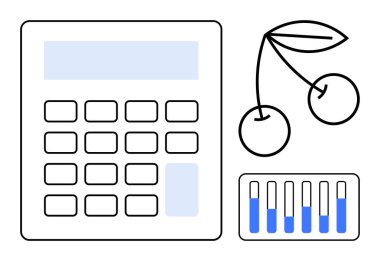 Hesap makinesi, kiraz ve bar tablosu denge, finans, beslenme, veri, analitik ve karar verme. Gıda sağlığı yaşam tarzı istatistik eğitimi için ideal bir iniş