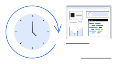 Zaman akışını gösteren bir okla çevrili saat, grafikler, metin ve simgelerle çevrili dijital bir arayüzün yanında. Üretkenlik, iş akışı, verimlilik, zamanlama, planlama için ideal basit