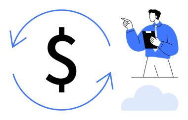 Parasal akışı sembolize eden oklarla çevrili dolar işareti. Yanında da döngüyü gösteren bir pano tutan biri var. Finans, yatırım, ekonomi, büyüme, planlama, strateji için ideal