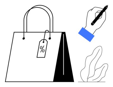 İçinde indirim etiketi olan bir alışveriş çantası, yaratıcı eylemlerde kalem tutan bir el ve bitkiler. Perakende satış, indirim, yaratıcı tasarım, alışveriş, e-ticaret, pazarlama minimalizmi için ideal