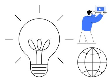 Ampul yaratıcılığı simgeliyor, küresel ulaşımı simgeliyor, video içeriğini sunan kişi. Eğitim, teknoloji, yenilik, pazarlama, takım çalışması, küresel iletişim için ideal basit iniş sayfası