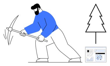 Ağaç ve analitik grafiklerin yanında kazma kullanan adam, kaynak çıkarmayı, çevresel etkiyi, sürdürülebilirliği, ekolojiyi, veri analizini, doğal kaynak yönetimi ve basit iniş sayfasını sembolize ediyor