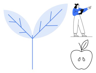 Elinde tablet tutan kadın soyut elementlere işaret ediyor. Büyük stilize yapraklar ve elma çizgileri. Eğitim, çevre, yenilik, büyüme, tarım, yaratıcılık veya basit iniş sayfası için ideal