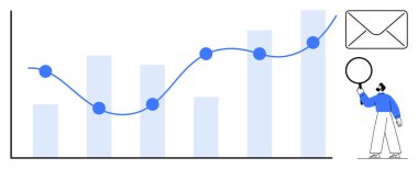 Yukarı doğru eğilimli çizgi ve çubuk grafiği, zarf simgesi ve konuşma balonu tutan kişi. İş analizleri, büyüme, iletişim, sunum, rapor, takım çalışması için ideal basit iniş sayfası