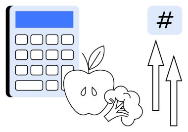 Hesap makinesi, elma, brokoli, yukarı çıkan oklar ve bütçe, beslenme ve büyümeyi temsil eden haşhaş işareti. Maliye, sağlık hedefleri için ideal gıda sürdürülebilirliği ve sade iniş sayfası