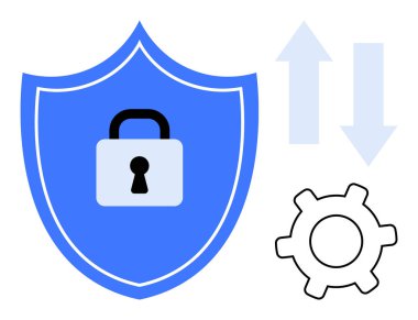 Merkezi kilit simgesine sahip mavi kalkan, dişli sembolü, ve sistem güvenliğini, veri akışını ve operasyonları gösteren yukarıdan aşağıya doğru oklar. Koruma, güvenlik, mahremiyet ve teknoloji ağ verileri için ideal