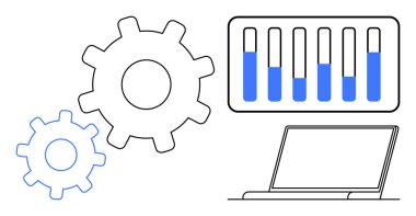 Sistem verimliliğini, veri analizini ve iş akışı optimizasyonunu temsil eden çubuk grafik ve dizüstü bilgisayara sahip dişliler. Teknoloji, iş, yenilik, üretkenlik, otomasyon, strateji için idealdir.