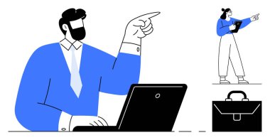 Adam dizüstü bilgisayarla çalışıyor, kadın tablet ve yönetmenlik yapıyor, evrak çantası var. Takım çalışması, işbirliği, işyeri iletişimi, hedef belirleme, liderlik, basit iniş talimatı için ideal