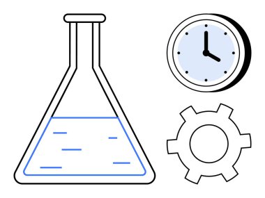 Sıvı, saat ve teçhizatlı laboratuvar şişesi araştırmayı, yeniliği ve verimliliği sembolize ediyor. Bilim, teknoloji, mühendislik, zaman yönetim süreci geliştirme için idealdir.