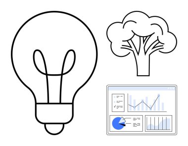 Ampul, ağaç ve analitik gösterge paneli yeniliği, sürdürülebilirliği ve veriye dayalı çözümleri sembolize ediyor. Teknoloji, çevre, iş stratejisi, eğitim yaratıcılığı bilimi için ideal