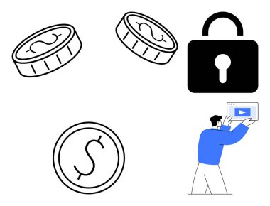 Sikkeler ekonomik işlemleri temsil ediyor, kilit güvenliği simgeliyor ve kişi dijital medya tabletiyle etkileşime giriyor. Fintech, ödeme güvenliği, dijital medya, e-öğrenme, çevrimiçi ticaret için ideal