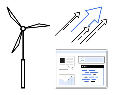 Yukarı yönlü okların yanındaki rüzgar türbini büyüme ve ilerlemeyi sembolize ediyor, çizelgeler ve arama işlevselliği içeren veri dolu bir gösterge panelinin yanında sergileniyor. Enerji, teknoloji ve yenilenebilir enerji için ideal.