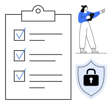Mavi işaretli kontrol listesi, kilit sembollü kalkan simgesi ve tableti tutan kadın. Üretkenlik, yönetim, organizasyon, güvenlik, planlama ve uyum için ideal