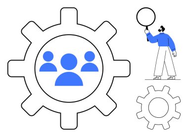 Bir dişli takım çalışması içinde üç mavi siluet, işbirliği ve yenilik anlamına gelen bir daire tutan bir figür. Takım çalışması, liderlik, üretkenlik, iletişim, strateji için ideal