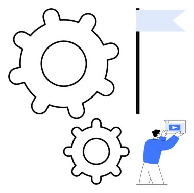 Büyük ve küçük dişliler işbirliğini, hedeflere ulaşma bayrağını ve video ekranını temsil eden kişiyi simgeliyor. Takım çalışması, hedef belirleme, yenilik, sunum, planlama, yaratıcılık için ideal basit