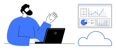 Bulut tabanlı analizleri ekranda çizelgelerle incelerken bilgisayarla uğraşan bir adam. Takım çalışması, uzak çalışma, bulut hesaplama, veri analizi, teknoloji, iş iletişimi için ideal