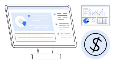 Bilgisayar ekranında çizelgeler, grafikler ve bir dolar işaretinin yanında raporlar var. Finans, iş analizi, yatırım, veri görselleştirme, verimlilik, strateji sade iniş sayfası için ideal