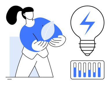 Yaprak tutan kadın, enerji sembollü ampul, enerji çubuğu göstergesi. Sürdürülebilirlik, eko-enerji, teknoloji, yenilenebilir kaynaklar, yeşil girişimler, çevre sade iniş sayfası için ideal
