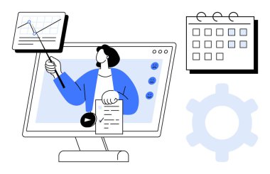 Çevrimiçi bir ders sırasında monitör ekranında veri grafiği sunan adam notları tutuyor. Takvim ve ayar dişlilerini içerir. Eğitim, eğitim, planlama, üretkenlik, analiz programı için ideal