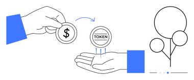 El ele tutuşan bir dolar başka bir el jetonuna aktarılıyor ve dijital para değişimi gösteriliyor. Finans, engelleme zinciri, ticaret, yatırım, fintech, dijital cüzdan için ideal