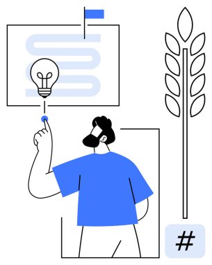 Parlayan bir ampul, büyüme simgesi ve etiket sembolü ile etkileşim halinde olan insan, yenilik, büyüme, yaratıcılık, strateji, bilgi paylaşımı, sürdürülebilirlik ve basit bir iniş sayfası öneriyor.