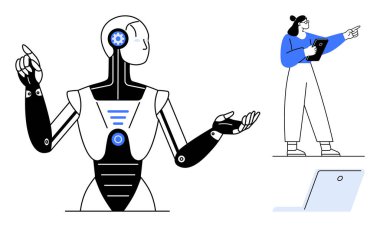 Tablet kullanan kadın bir profesyonel insan yapay zeka robotu ile iletişim kuruyor. Teknoloji için ideal, yapay zeka, yenilik, eğitim, robotik, gelecek kavramları
