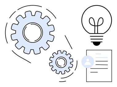 İkonalar ilerlemeyi simgeler, ampul fikirleri, belge ise yapılandırılmış üretkenliği. Takım çalışması, yaratıcılık, yenilik, organizasyon, planlama, geliştirme için ideal