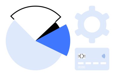 Finansal analizi, teknolojiyi ve stratejiyi temsil eden mavi bölümlü pasta şeması, kredi kartı ve teçhizat görüntüsü. Analiz, finans, bankacılık, teknoloji ekonomisi veri analizi çözümleri için ideal